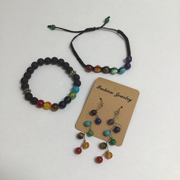 Chakra Bracelets Earrings LOT Healing Balance Lava Bead Stone for Oils Yoga Boho - Picture 7 of 9